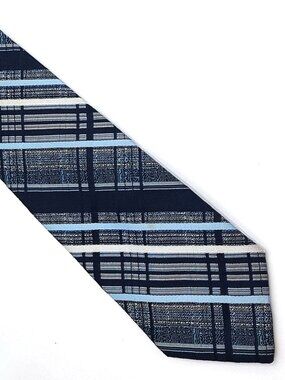 Bragg Blue White Navy Plaid Striped Polyester 1970s 1980s Necktie Tie 3 x 56